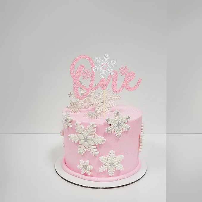 1 Pack Snowflake One Cake Topper Pink Glitter 1st Birthday Party Cake Pick Decorations for Winter Snowflake Theme Baby Shower Kids First Birthday Party Supplies