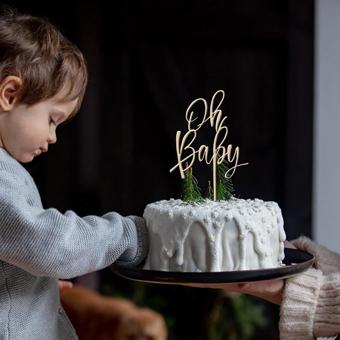 Wooden Oh Baby Cake Topper, New Baby Photo Booth Props, Wooden Cake Topper for Baby Shower or Birthday Decorations (Design02)