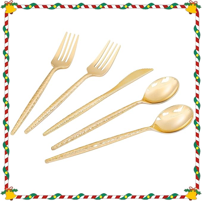 LIYH 102 Pcs Gold Plastic Silverware Cutlery Sets - Disposable Plastic Silverware Heavyduty, Disposable Utensil Sets, 34 of Each Forks, Knives & Spoons Flatware Set for Party Birthday