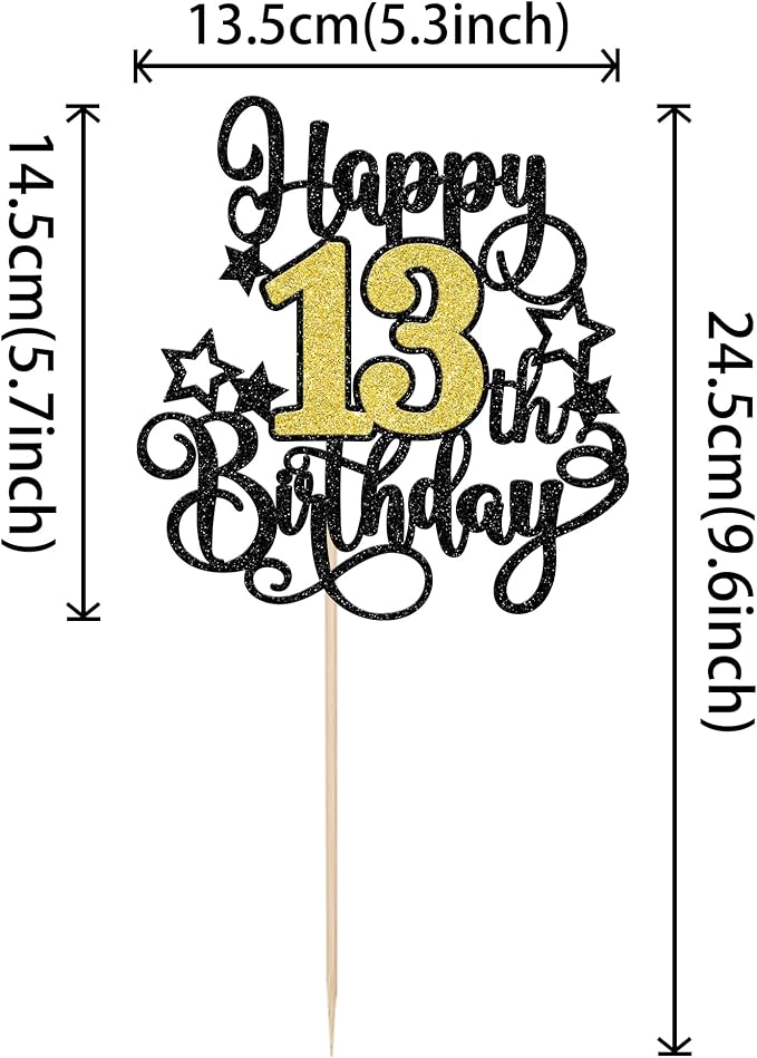 1 PCS Happy 13th Birthday Cake Topper Black Gold Glitter Cheers to 13 Years Birthday Cake Pick Hello 13 Fabulous Cake Decoration for Happy 13th Birthday Anniversary Party Decorations Supplies
