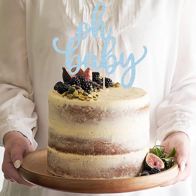 Oh Baby Cake Topper - Glitter Light Blue Baby Shower Cake Decoration Supplies, for Baby Shower/Gender Reveal Party/Baby Birthday Party Photo Booth Props