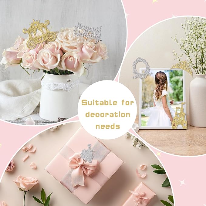 26pcs Gold Castle Cake Toppers Glitter Princess Prom Crown Cupcake Toppers for Princess Birthday Party Decorations Baby Shower Cake Decorations Supplies