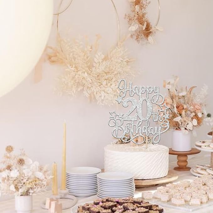 1 PCS Happy 20th Birthday Cake Topper Glitter Cheers to 20 Years Birthday Cake Pick Hello 20 Fabulous Cake Decoration for Happy 20th Birthday Anniversary Party Decorations Supplies silver