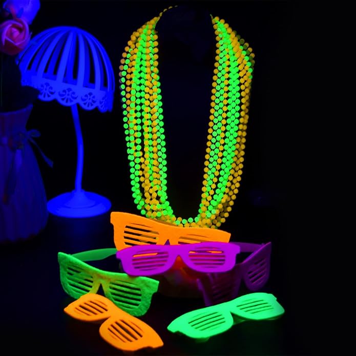 Glow in the Dark Beads Necklaces Glow Party Supplies, 33" Yellow Green Orange UV Black Light Necklaces for Glow Party Favors Night Accessories, Halloween Birthday Party Decorations