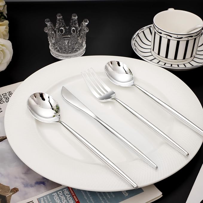 SUT 300Pcs Silver Plastic Cutlery, Silver Utensils Disposable, silver Plastic Silverware Set Include 100 Plastic Forks, 100 plastic Spoons, 100 plastic Knives Heavy Duty Flatware for Party