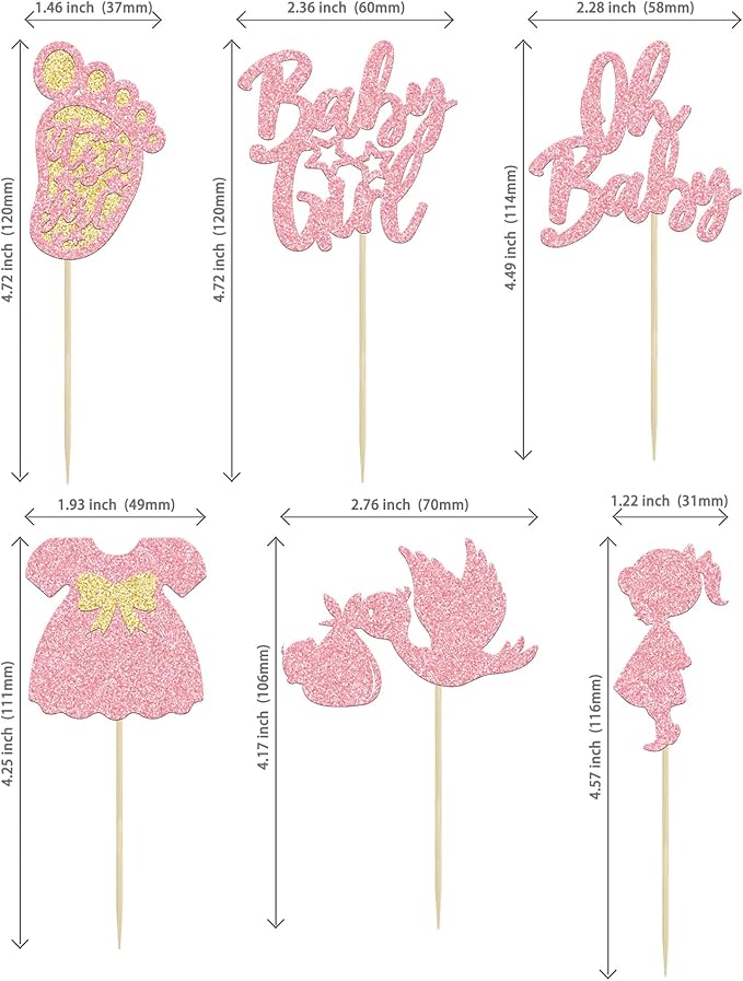 24Pcs Baby Shower Oh Baby Cupcake Toppers with Bow Dress Footprint Swan Pink Glitter Baby Girl Cake Picks Decorations for Baby Shower Gender Reveal Its a Girl Birthday Party Supplies