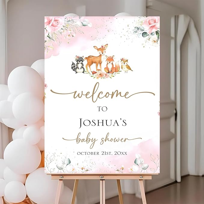 Baby Shower Sign, Woodland Animal, Welcome Baby Shower, 12x18, 18x27, 24x36 inches, Plastic, Rustic