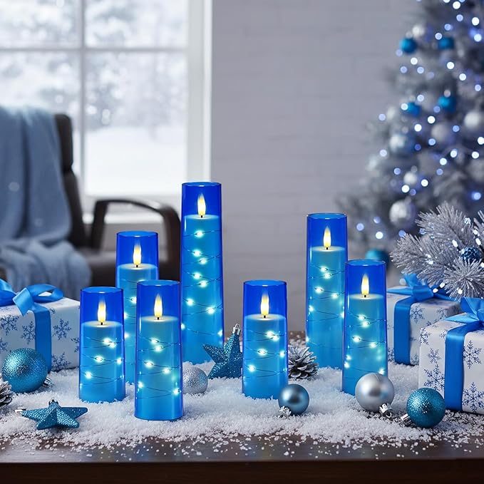 Raycare Flameless Candle with Remote Timer – 5 Flickering Acrylic Battery Operated LED Pillar Candles with Embedded Star String for Christmas, Home Decor, and as a Gift(Blue)