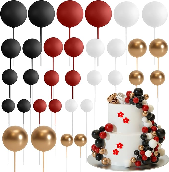 ASTARON 32 Pcs Ball Cake Topper Decorations Mini Balloons Cake Topper Sticks Foam Balls Cake Picks for Graduation Wedding Party Birthday Cake Decorating (Red Black)