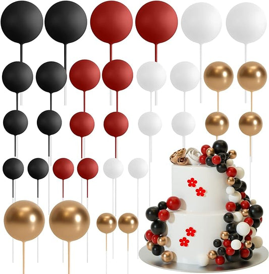 ASTARON 32 Pcs Ball Cake Topper Decorations Mini Balloons Cake Topper Sticks Foam Balls Cake Picks for Graduation Wedding Party Birthday Cake Decorating (Red Black)