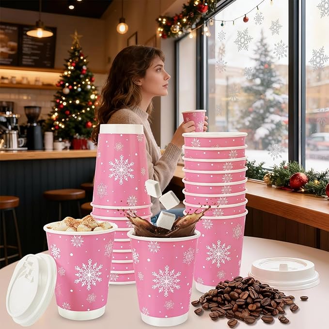 100 Pcs 12 Oz Pink Christmas Coffee Cups with Lids Snowflake Winter Wonderland Disposable Cups Insulated Paper Cups Togo Cups for Hot Chocolate Water Tea Xmas Holiday Birthday Party Supplies