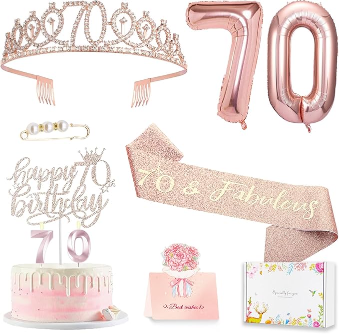 70th Birthday Gifts Decorations for Women, Including 70th Cake Toppers, Birthday Queen Sash with Pearl Pin, Sweet Rhinestone Tiara Crown, Number Candles and Balloons Set, Rose Gold