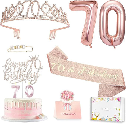 70th Birthday Gifts Decorations for Women, Including 70th Cake Toppers, Birthday Queen Sash with Pearl Pin, Sweet Rhinestone Tiara Crown, Number Candles and Balloons Set, Rose Gold