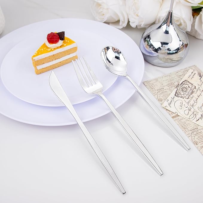 PULOTE 150PCS Silver Plastic Silverware Disposable - Heavy Duty Silver Plastic Cutlery Set - Plastic Utensils Set Include 50 Knives,50 Forks and 50 Spoons for Wedding,Party&Christmas