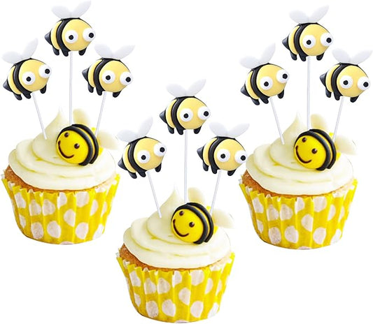 24Pcs Bumble Bee Cupcake Toppers Little Figurine Bee Cupcake Picks Oh Babee Cake Decorations for Bee Theme Baby Shower Kids Boys Girls Birthday Party Decoration Supplies