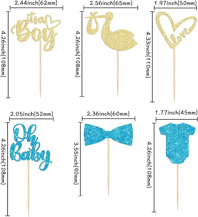 Gyufise 36 Pack Oh Baby Cupcake Toppers Assembled It's a Boy Cupcake Toppers with Tie Onesie Love Heart Glitter Cake Picks Decorations for Baby Shower Boy Birthday Party Supplies