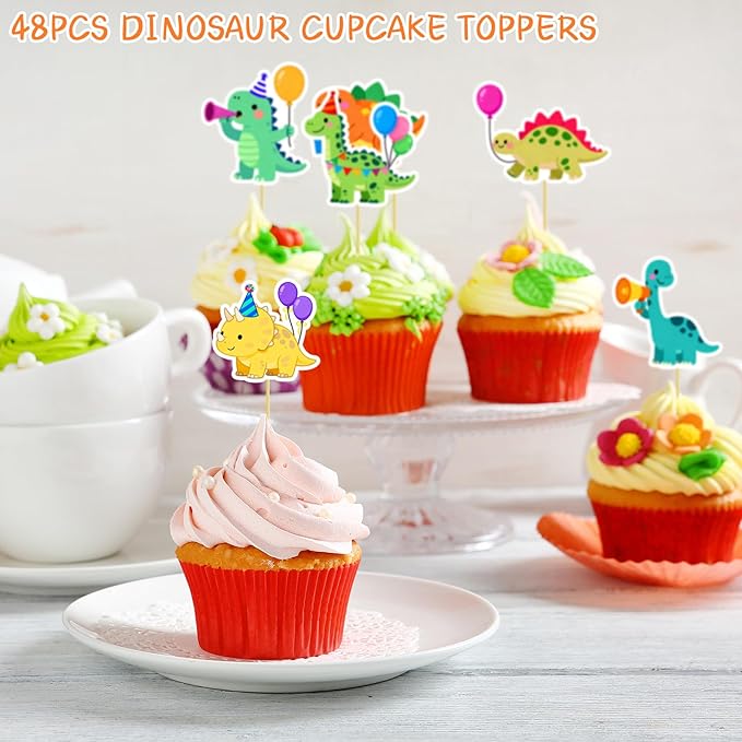 48Pcs Dinosaur Cake Toppers Set - Dinosaur Cupcake Toppers for Birthday Party Decorations, Dino Themed Baby Shower, Cake Decorations with Food-Safe Bamboo Sticks