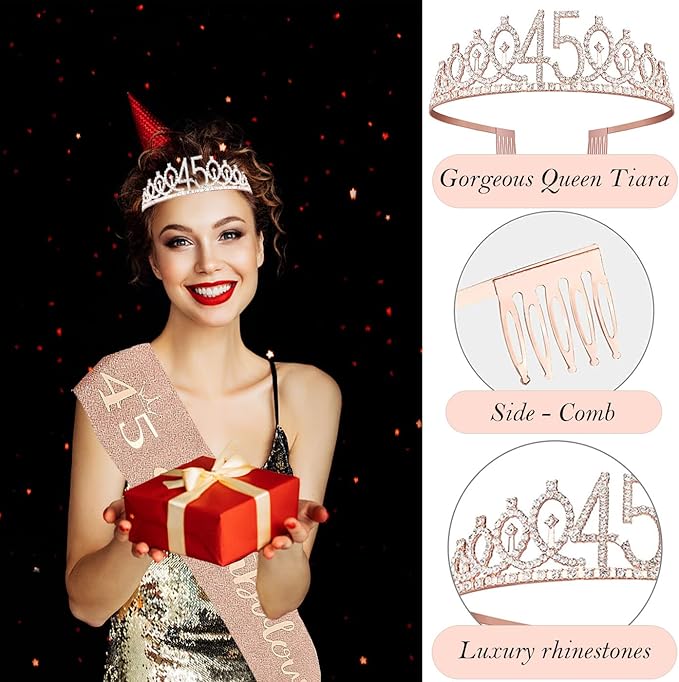 45th Birthday Gifts Decorations for Women, Including 45 year old Cake Topper, Birthday Queen Sash with Pearl Pin, Sweet Rhinestone Tiara Crown, Number Candles and Balloons Set, Rose Gold