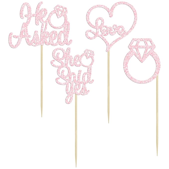 Gyufise 24 Pack He Asked She Said Yes Cupcake Toppers Light Pink Glitter Heart Ring Cupcake Picks Wedding Engagement Bridal Shower Party Cake Decorations Supplies