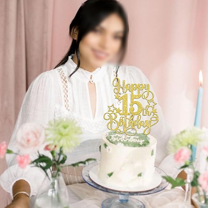 1 PCS Happy 15th Birthday Cake Topper Glitter Cheers to 15 Years Birthday Cake Pick Hello 15 Fabulous Cake Decoration for Happy 15th Birthday Anniversary Party Decorations Supplies Gold