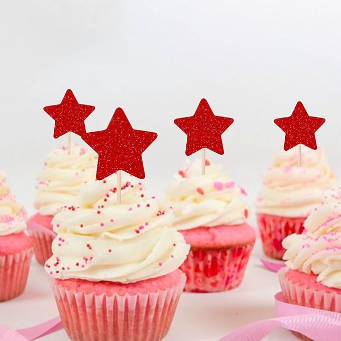30 PCS Star Cupcake Toppers Glitter Mixed Size Twinkle Little Star Cupcake Picks Decorations for Wedding Anniversary Baby Shower Birthday Party Supplies Red