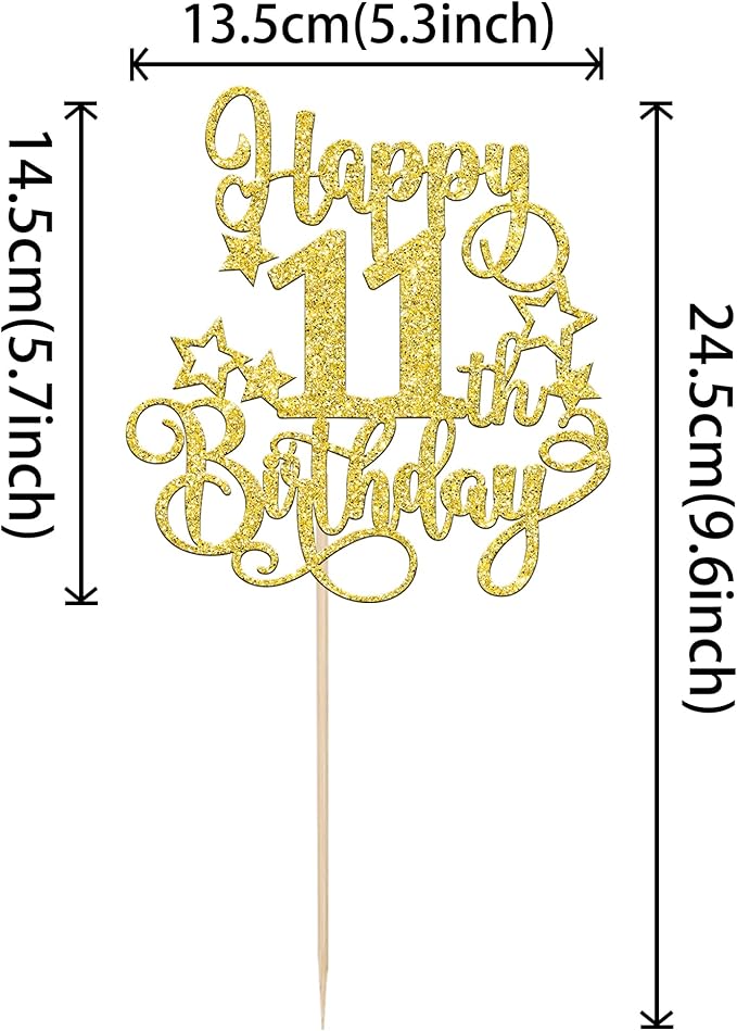 1 PCS Happy 11th Birthday Cake Topper Glitter Cheers to 11 Years Birthday Cake Pick Hello 11 Fabulous Cake Decoration for Happy 11th Birthday Anniversary Party Decorations Supplies Gold