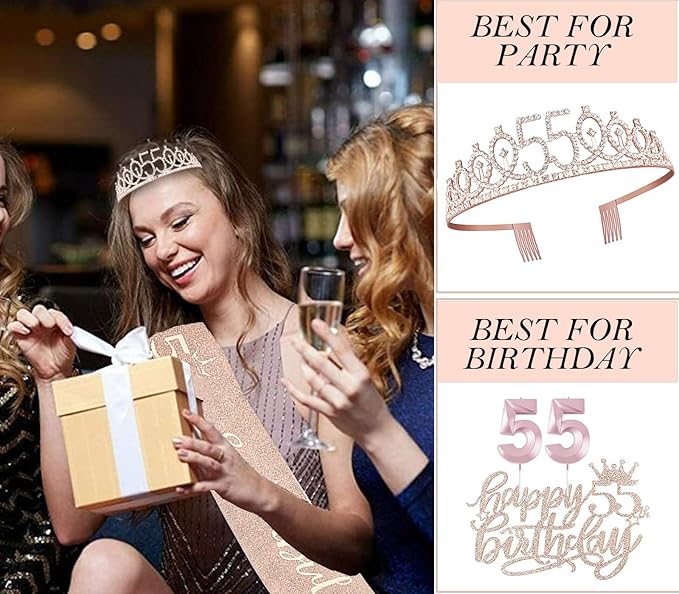 55th Birthday Decorations for Women, 55th Birthday Sash and Crown, Cake Topper, Number Candles and Balloons,, 55 Year Old Gifts for Women