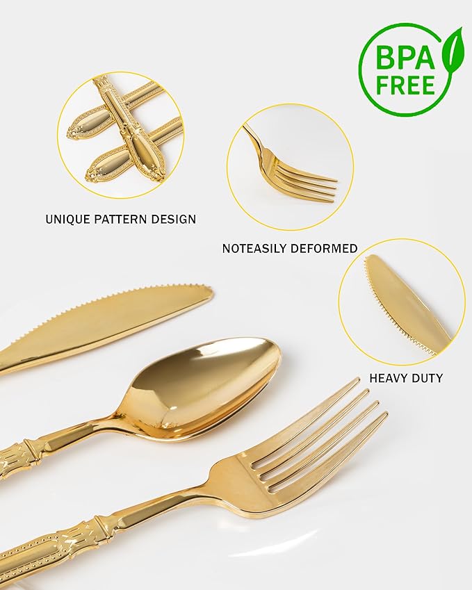 Nervure 150PCS Gold Plastic Silverware - Heavy Duty Disposable Cutlery Set, Luxury Gold Plastic Utensils include 50Pcs Forks, 50Pcs Spoons, 50pcs Knives Perfect for Wedding, Party, Daily Use
