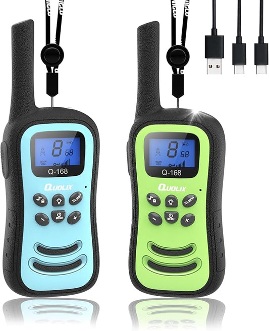 QUOLIX Walkie Talkies for Kids 2 Pack, Rechargeable Kids Walkie Talkies Toy for 3-12 YrO Boys, Long Range Walkie Talkie with 22 Channels & Flashlight Birthday Gifts for Xmas Outdoor Adventure