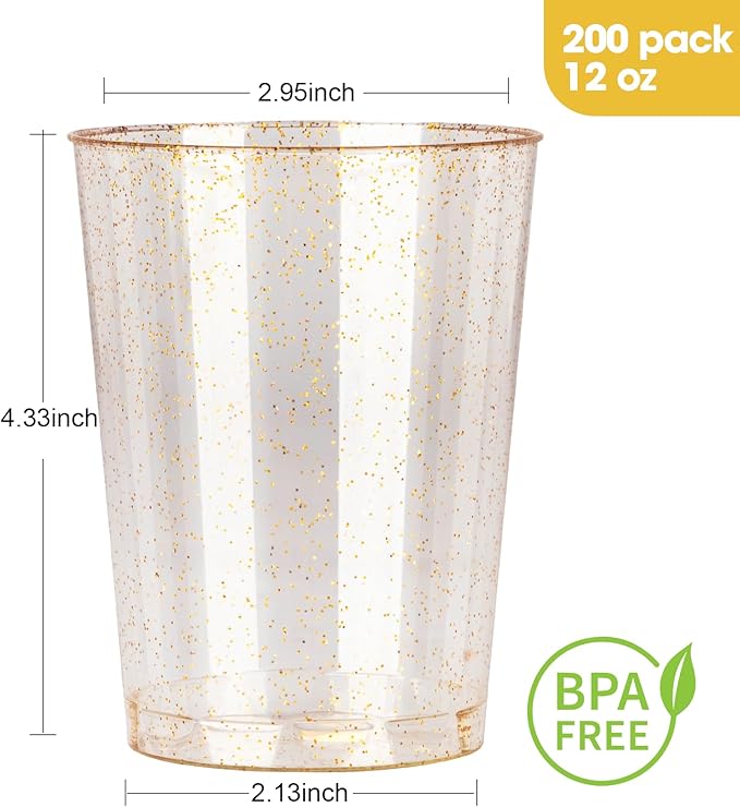 Goodluck 12 oz 200 PCS Gold Glitter Plastic Cups, Disposable Glitter Cups, Elegant Plastic Cocktail Glasses, Fancy Party Cups for Wedding, Birthday, Holiday