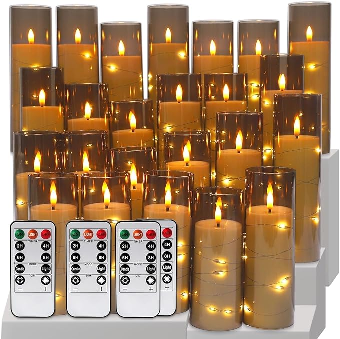 24-Pack Gray Flameless Candles with Remote Control, Battery-Powered LED Candles with Embedded Star String Lights & Realistic Flickering Flame. with Timer for Christmas, Home, Wedding, Fireplace Mantle