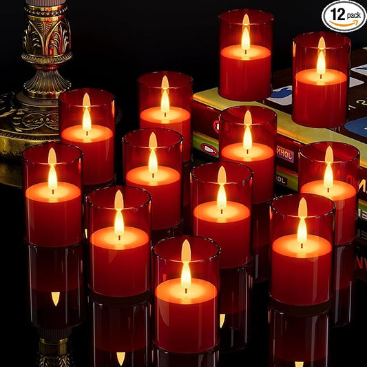 12Pack Flickering Flameless LED Candles with Timer, Battery Powered - Small Pillar & Votive, Red (2"X3")