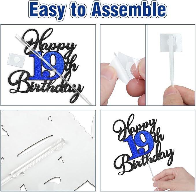 19th Birthday Cake Topper, Black Blue Happy 19th Birthday Cake Toppers for Boy Girl, 19 Years Old Birthday Party Supplies, Glitter Cake Decor, 19th Birthday Cake Decorations