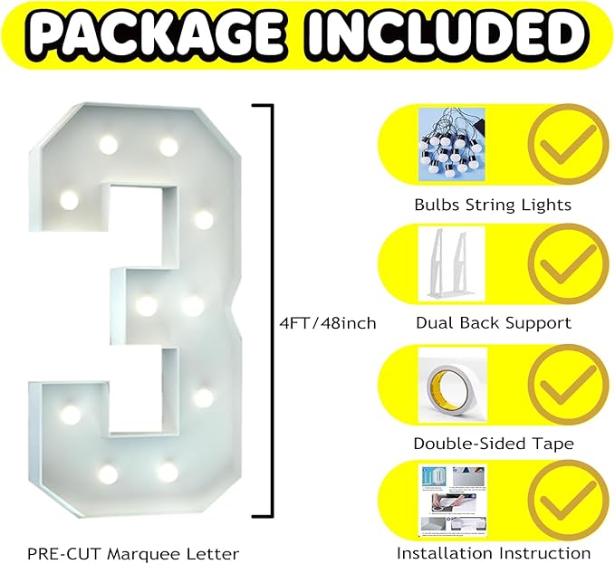 4FT Marquee Light Up Number, Giant Large Number PRE-CUT Foam Board Sign DIY Party Decor for Wedding, Birthday, Anniversary, Graduation, Holiday&Home Supplies (Number 3)