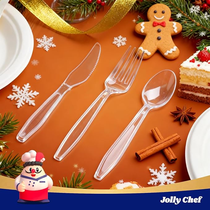 JOLLY CHEF 360 Count Clear Plastic Silverware Heavy Duty-180 Forks, 120 Spoons, 60 Knives, Heat Resistant Plastic Cutlery, Disposable Utensils Set for Parties, Events, Everyday Use