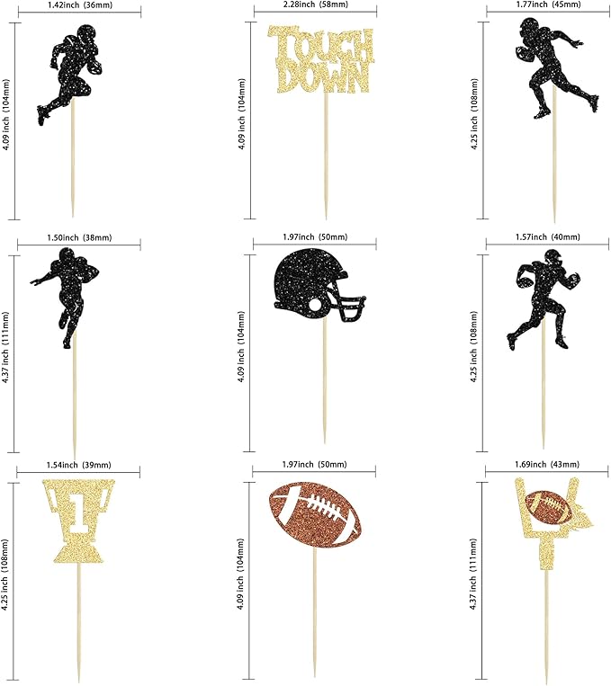 36Pcs Rugby Ball Cupcake Toppers Glitter Trophy American Football Cupcake Picks Touchdown Player Cake Decorations for Super Bowl Rugby Sports Theme Baby Shower Kids Birthday Party Supplies