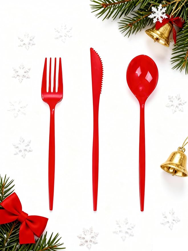PULOTE 150PCS Red Plastic Silverware Set - Heavy Duty Plastic Cutlery - Red Utensils Disposable Include 50 Forks, 50 Spoons, 50 Knives for Party & Christmas