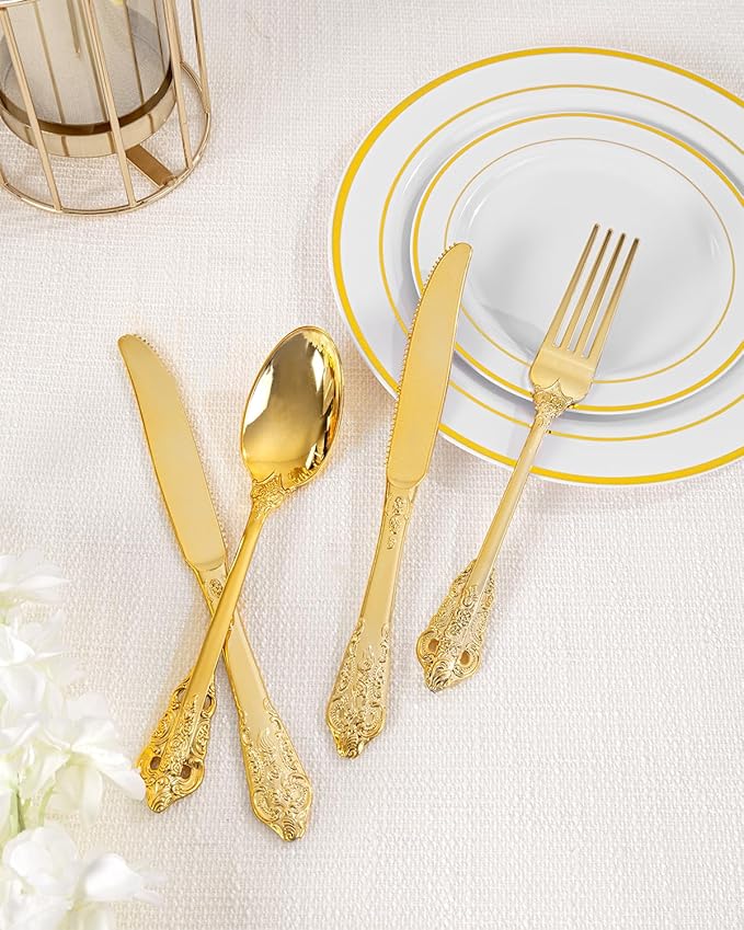 bUCLA HEAVYWEIGHT 300PCS Gold Plastic Silverware Disposable - Extra Heavy Duty Plastic Cutlery - Gold Disposable Utensils Set - Include 100 Knives, 100 Forks, 100 Spoons for Party & Special Moments