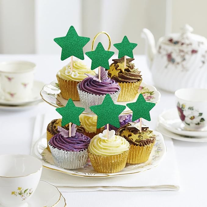 30 PCS Star Cupcake Toppers Glitter Assembled Twinkle Star Cupcake Picks Wedding Engagement Bridal Shower Birthday Party Cake Decorations Supplies Mixed Size Green