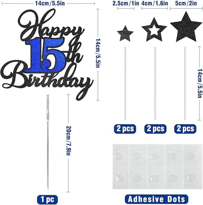 Happy 15th Birthday Cake Toppers, Black Blue Glitter Cake Decorations Set, 15th Birthday Decor, Birthday Anniversary Party Decorations Supplies