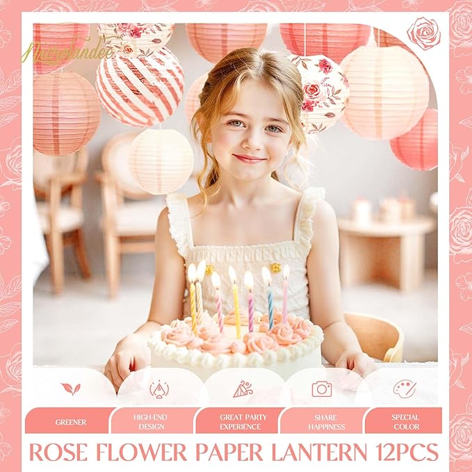 NICROLANDEE Wedding Party Decorations - 12PCS Rose Gold Vintage Floral Paper Lantern Hanging Decorations for Bridal Shower Anniversary Baby Shower Bachelorette Birthday, Valentines Day Party Decor