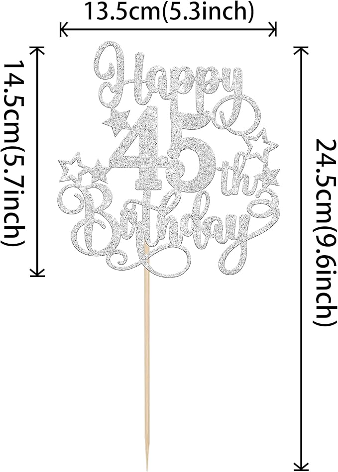 1 PCS Happy 45th Birthday Cake Topper Glitter Cheers to 45 Years Birthday Cake Pick Hello 45 Fabulous Cake Decoration for Happy 45th Birthday Anniversary Party Decorations Supplies silver