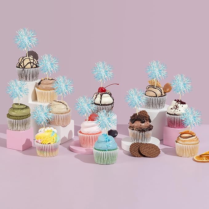Gyufise 30Pcs Foil Firework Cupcake Toppers Sparkle Tinsel Cake Toppers Tinsel Drink Cake Decoration Cocktail Picks for Birthday Wedding Graduation Party Supplies Laser Blue