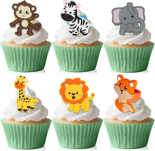 24 PCS Jungle Animals Cupcake Toppers Forest Theme Cupcake Ring Lion Monkey Zebra Fox Giraffe Elephant Cake Topper for Birthday Baby Shower Oh Baby Party Favor Nursery Wild Party Supplies