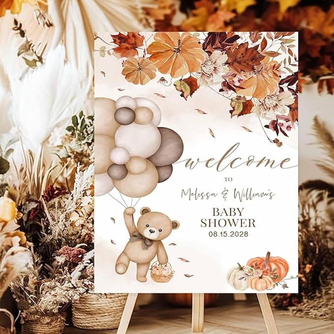 Fall Pumpkins Gender Neutral Teddy Bear We Can Bearly Wait Baby Shower Sign, Boho Bearly Wait Cute Decor Sign #15