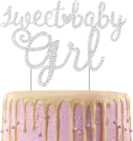 LINGTEER Sweet Baby Girl Rhinestone Cake Topper - Cheers to Sweet Baby Girl,Baby Shower Daughter First Bday Party Centerpieces Gift Decorations.- Silver