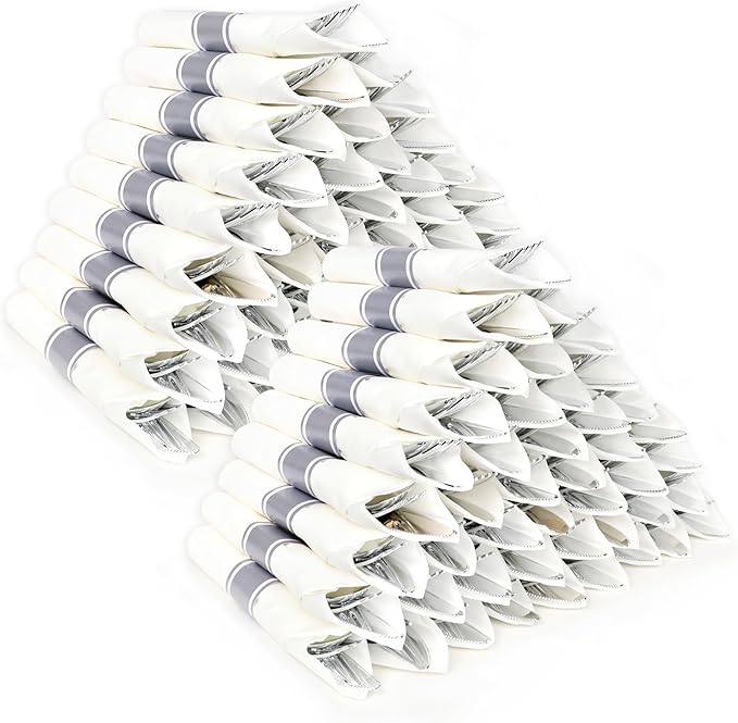 100 Pack Pre Rolled Silver Plastic Silverware Set,Wrapped Plastic Cutlery Set with Napkin Include 100 Forks,100 Spoons,100 Knives and 100 White Napkins for Party, Wedding,showers,Christmas
