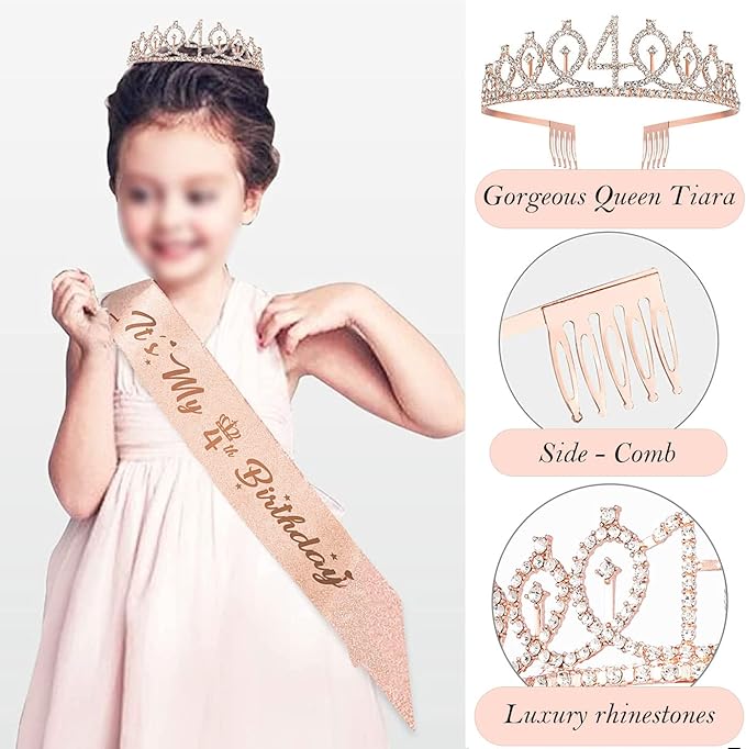 4th Birthday Decorations Girl, Including 4 year old Birthday Cake Topper, Queen Sash with Pearl Pin, Sweet Rhinestone Tiara Crown, Number Candles and Balloons Set, Rose Gold