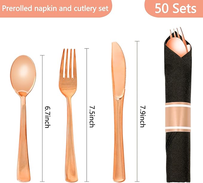 50 Pack Pre Rolled Rose Gold Plastic Silverware Set,Wrapped Plastic Cutlery Set with Napkin Include 50 Forks,50 Spoons,50 Knives and 50 Black Napkins for Party, Wedding,Christmas
