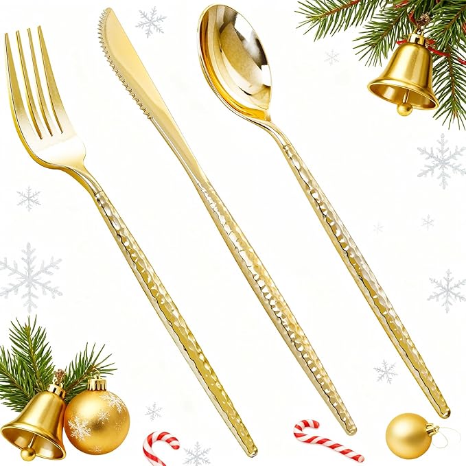 Rubtlamp 90Pcs Christmas Gold Plastic Silverware, Gold Disposable Christmas Utensils, Hammered Plastic Silverware, Gold Plastic Forks And Spoons Set Include 30 Forks, 30 Knives,30 Spoons